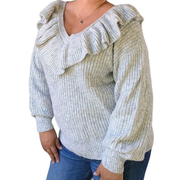 A New Day Grey Ivory V-Neck Ruffle Pullover Drop Shoulder Sweater Women Size XL - Picture 10 of 10
